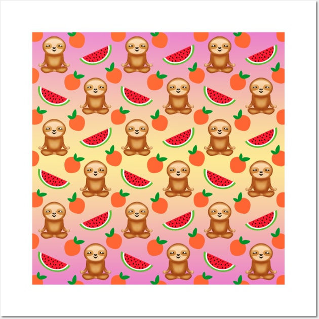 Cute funny sweet adorable relaxed chilling meditating zen sloths, little peaches and red ripe summer tropical watermelons cartoon fantasy pastel yellow pink pattern design Wall Art by IvyArtistic